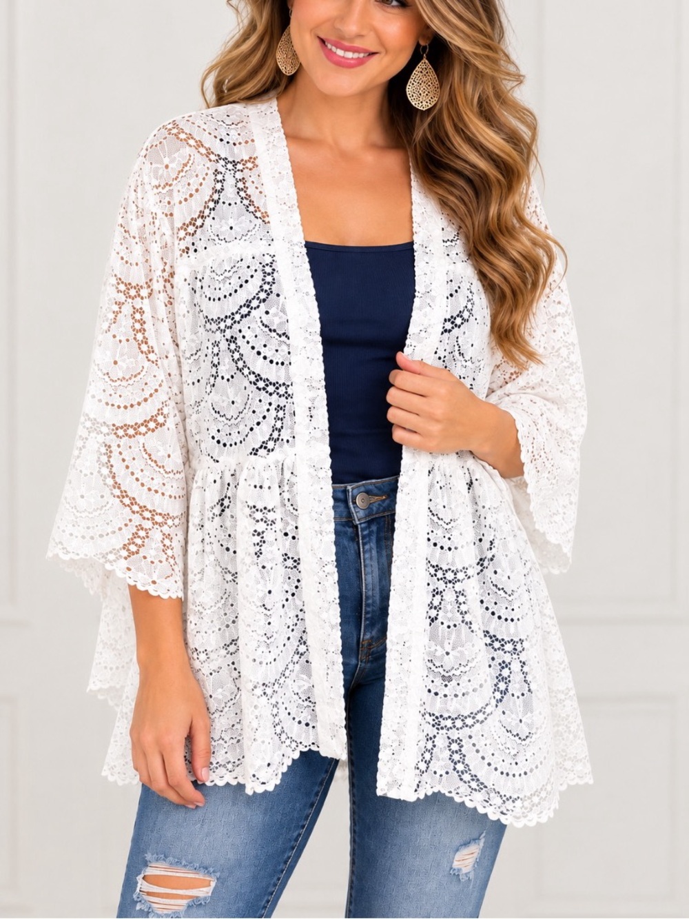 Davi & Dani White Lace Open-Front Kimono Cardigan- Large